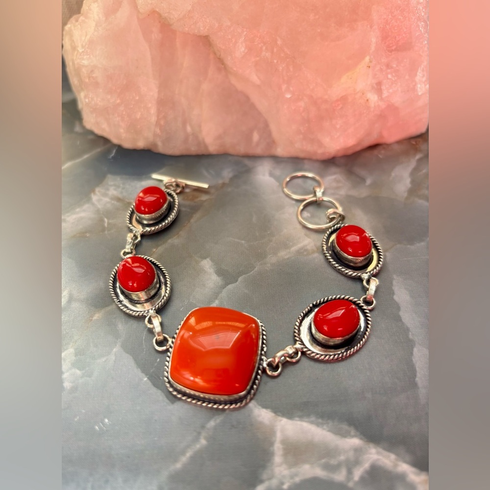 Handmade Red Coral Bracelet On 925 Sterling Silver